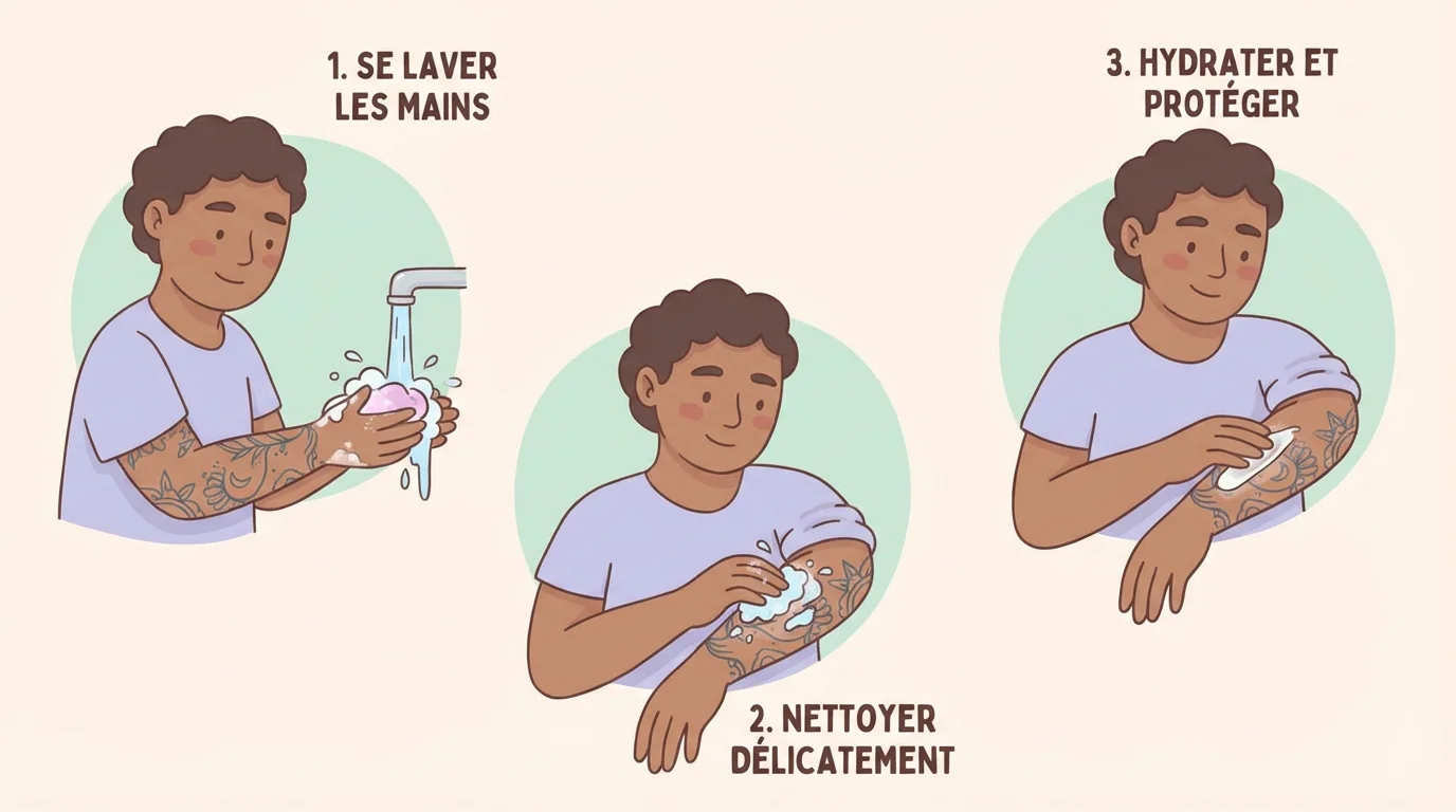 Illustration des 3 étapes de soin après tatouage : lavage des mains, nettoyage et hydratation