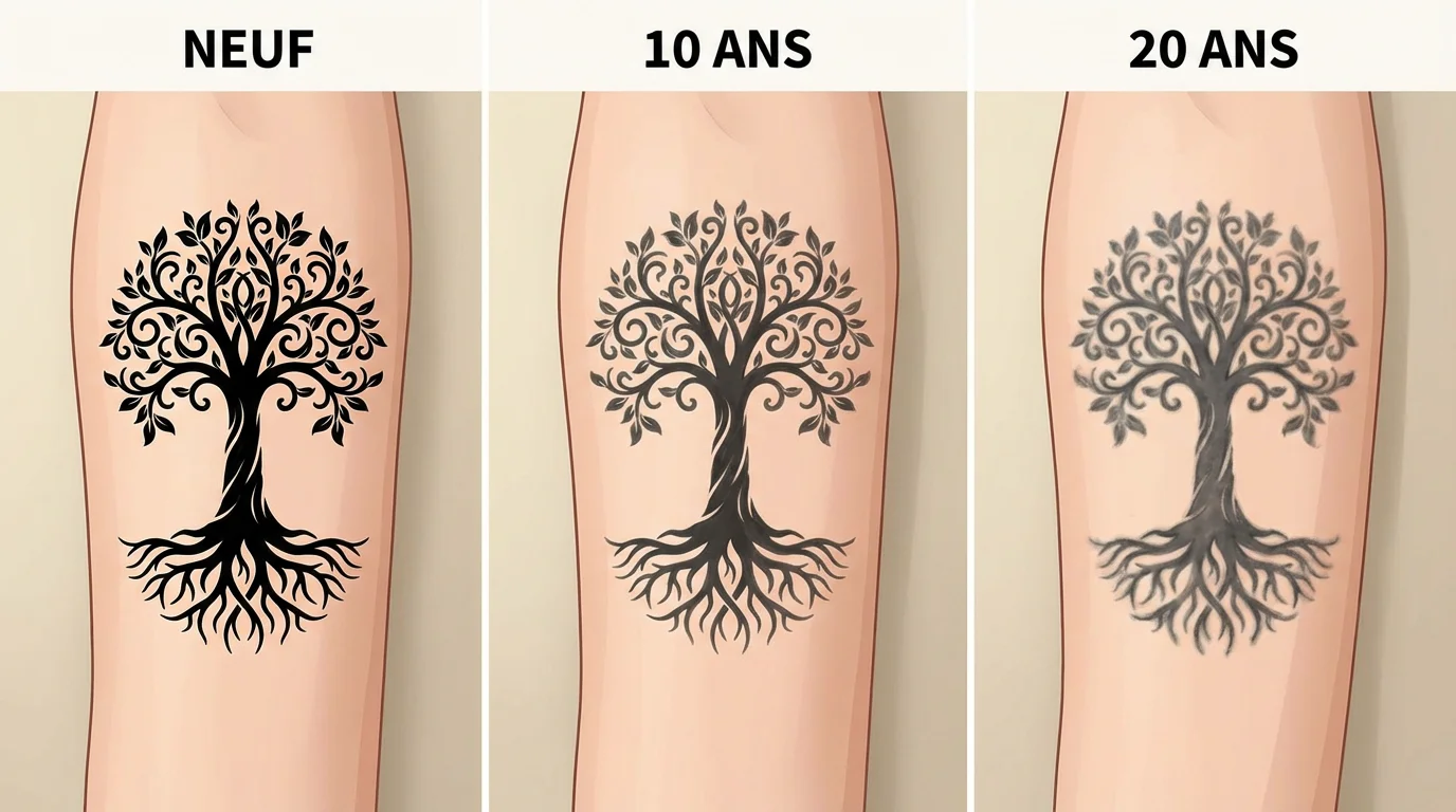 Illustration montrant l'évolution d'un tatouage noir sur un bras au fil du temps