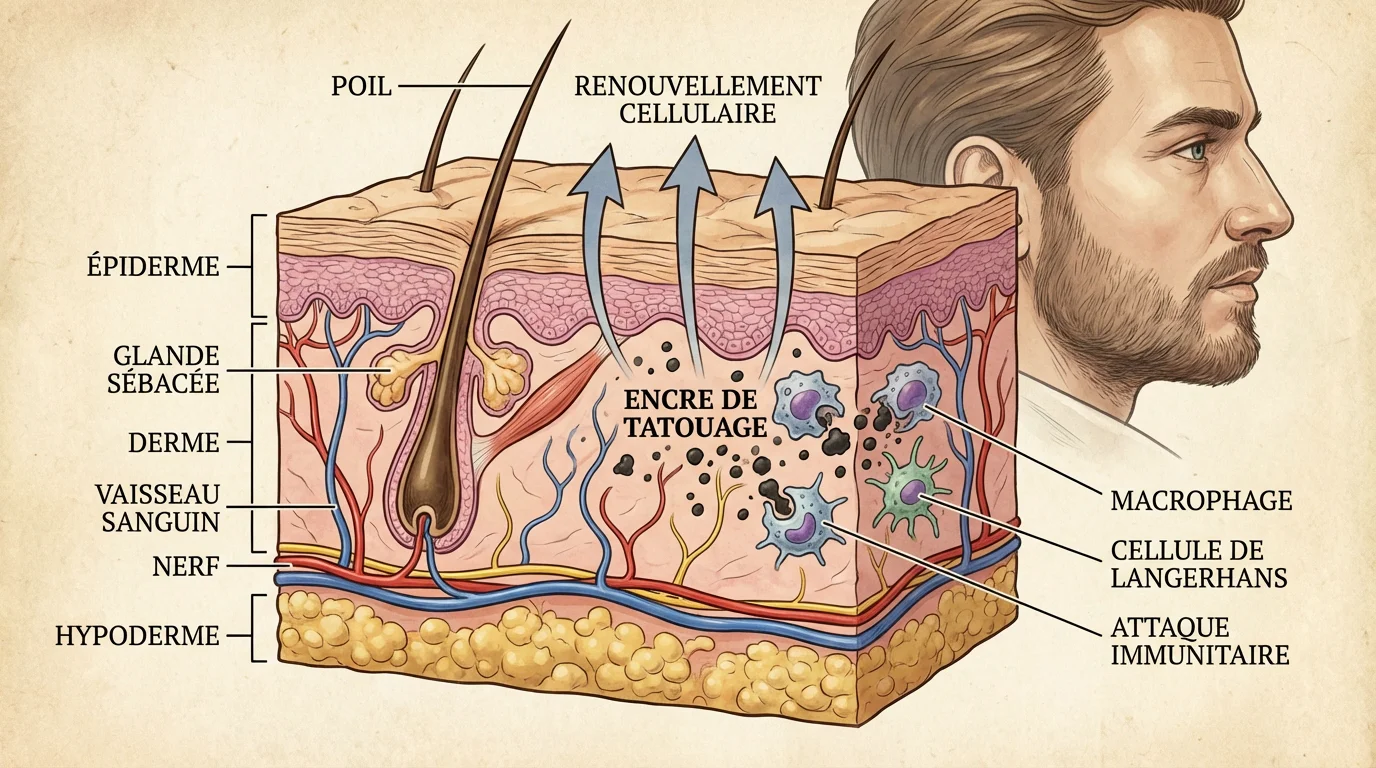 Illustration en coupe de la peau montrant le vieillissement de l'encre de tatouage dans le derme