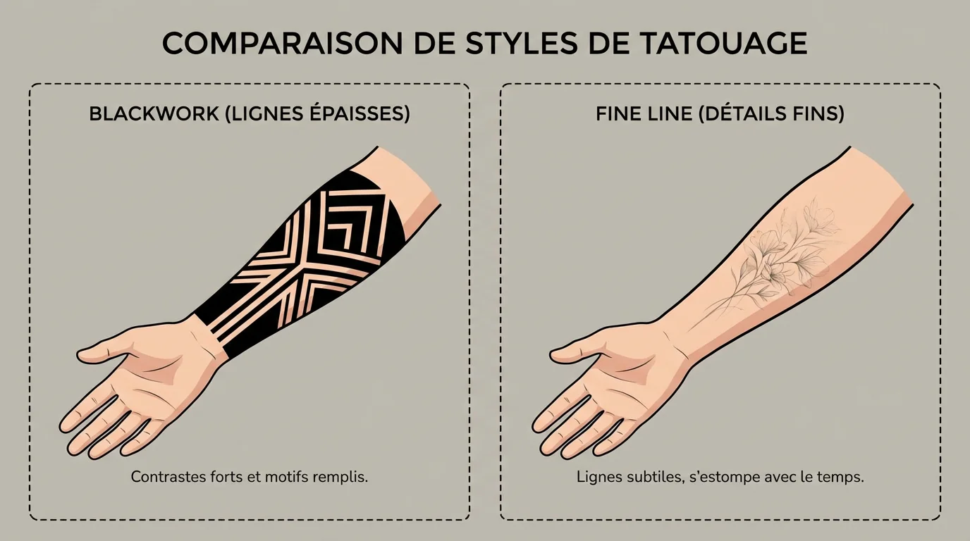 Illustration comparative entre un tatouage blackwork résistant et un tatouage fine line qui vieillit mal