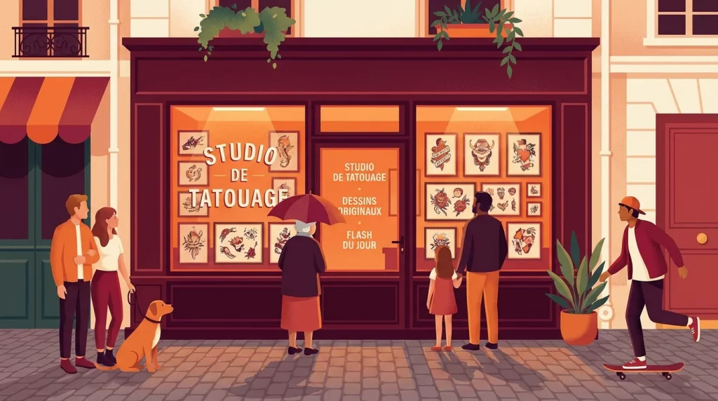 Studio de tatouage accueillant avec vitrine de dessins et passants curieux dans une rue française