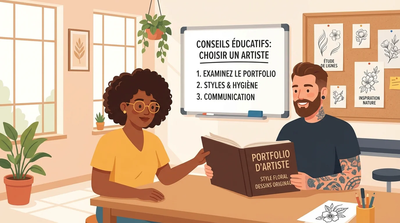 Personne consultant le portfolio d'un tatoueur dans un studio propre et accueillant