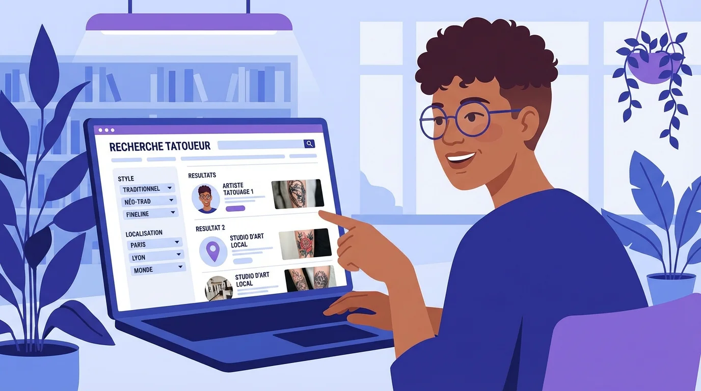Personne recherchant un tatoueur sur un annuaire en ligne avec des filtres de style et localisation