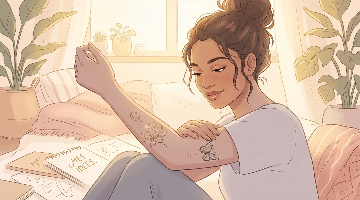 Illustration d'une femme explorant des idées de tatouages féminins : fleur de lotus, papillon, lune et cœur en fine line