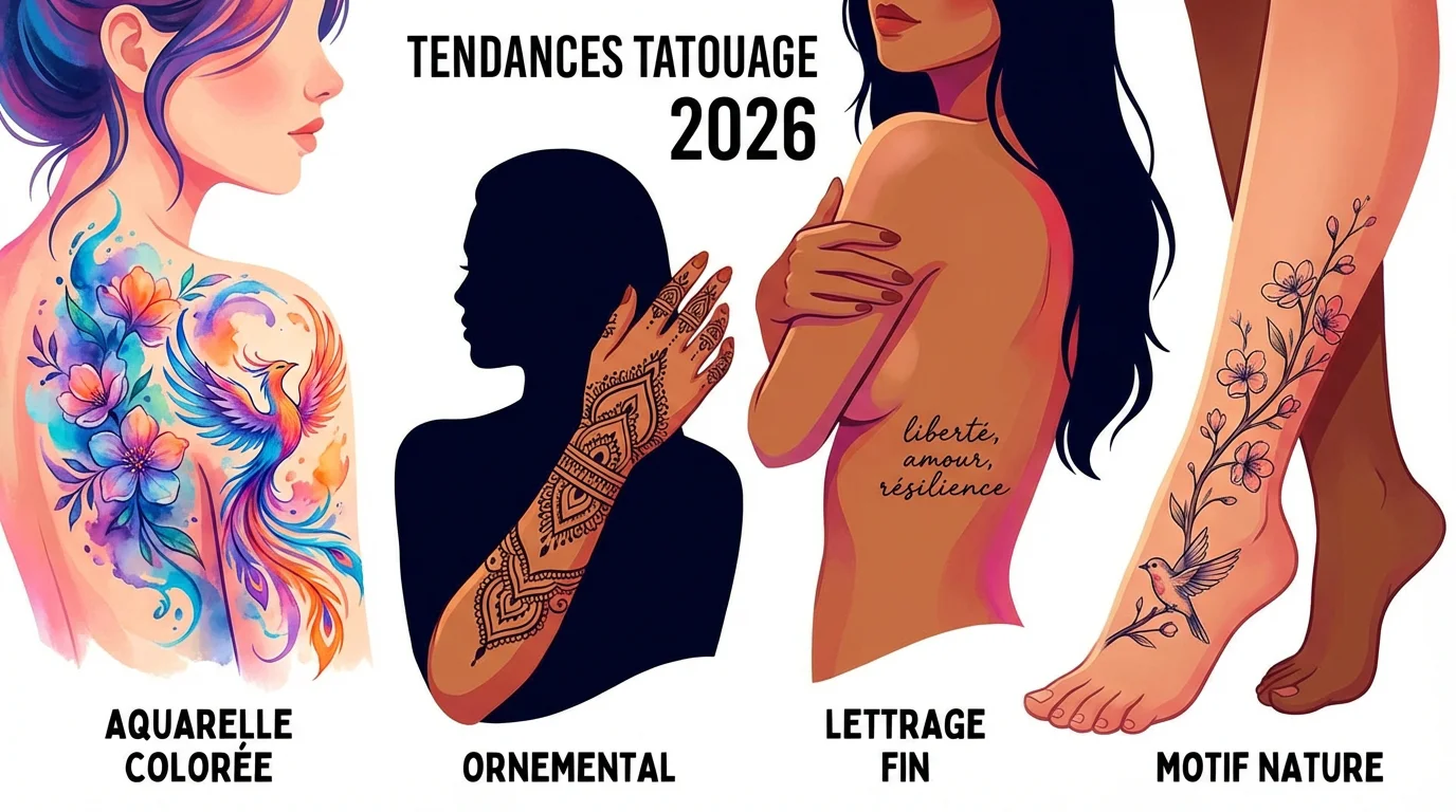 Illustration des tendances tatouage femme 2026 : aquarelle, ornemental, lettrage fin et motifs nature