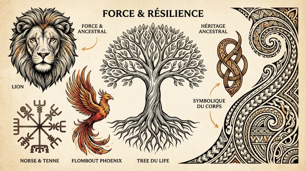 Illustration de symboles de force populaires en tatouage : lion, phénix, arbre de vie, runes et motifs polynésiens