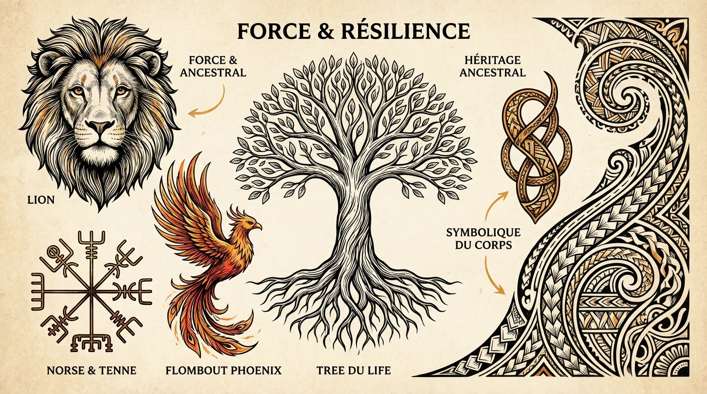 Illustration de symboles de force populaires en tatouage : lion, phénix, arbre de vie, runes et motifs polynésiens