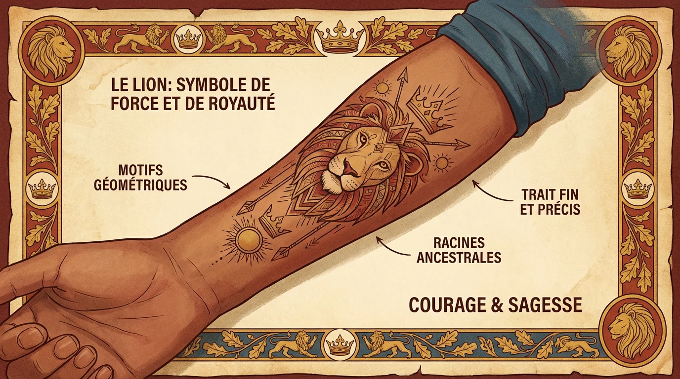 Illustration d'un tatouage de lion stylisé sur un avant-bras symbolisant la force et le courage