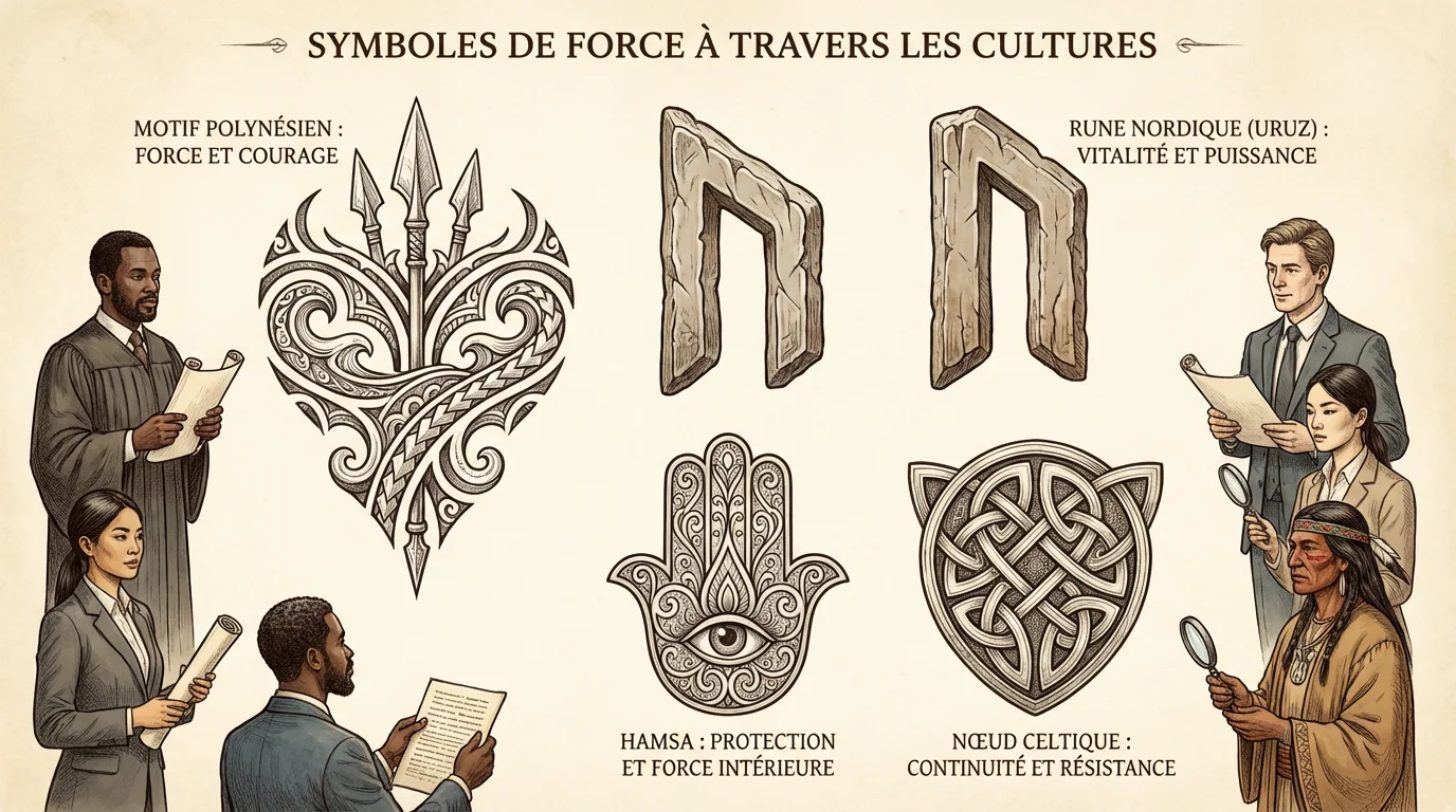Illustration de symboles de force issus de différentes cultures : polynésien, nordique, Hamsa et celtique