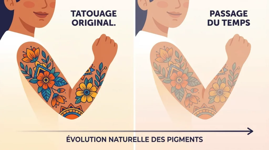 Illustration avant et après montrant le vieillissement d'un tatouage couleur sur un bras