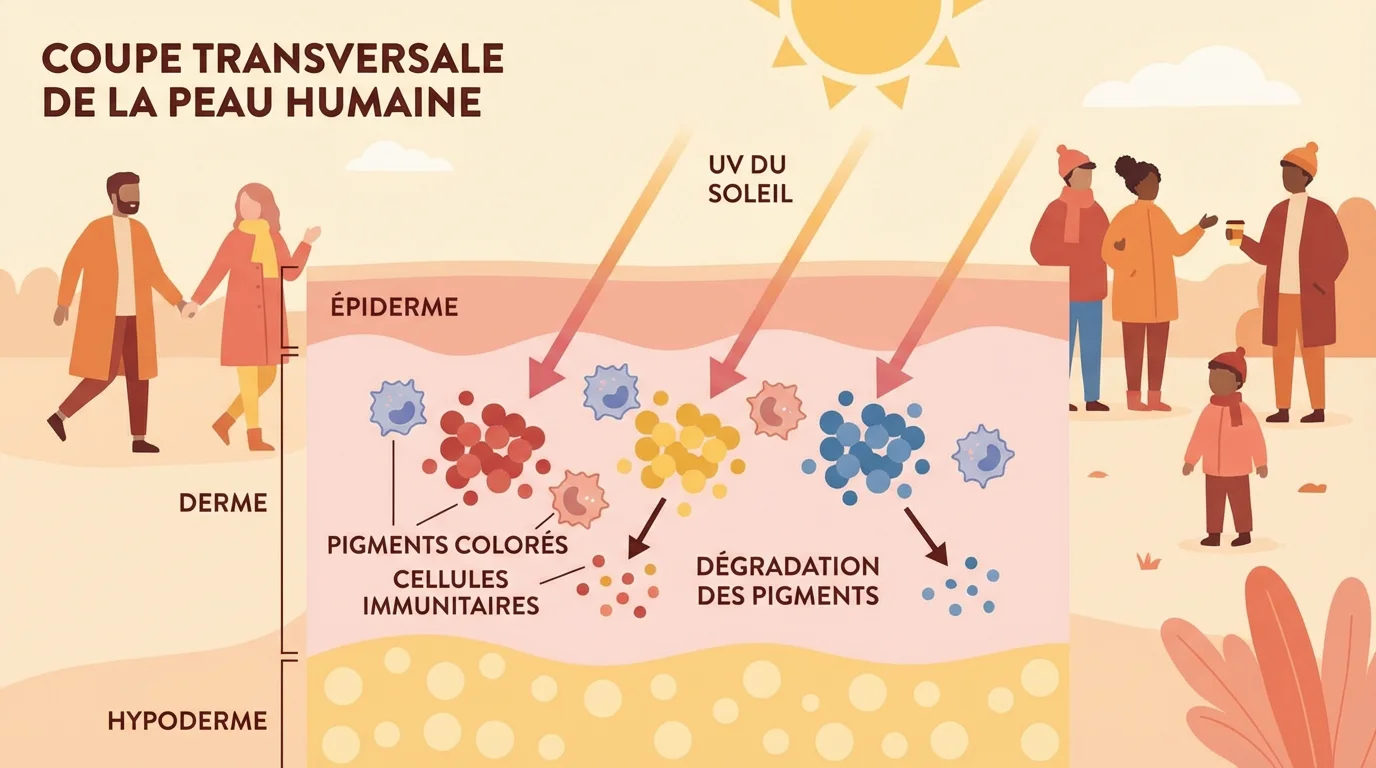 Illustration montrant la dégradation des pigments colorés dans le derme sous l'effet des UV