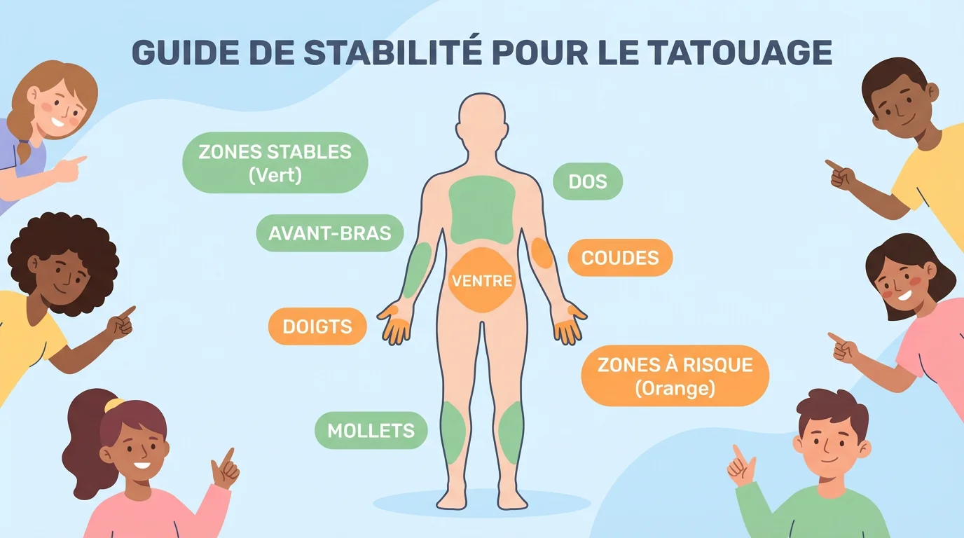 Illustration des zones corporelles stables et à risque pour la tenue d'un tatouage couleur