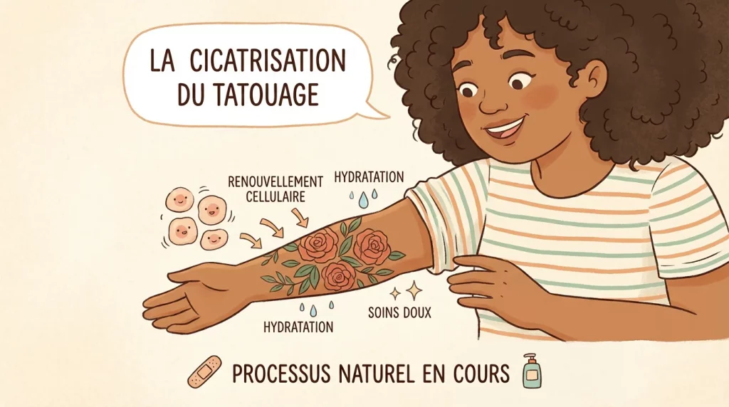 Illustration d'un bras tatoué en cours de cicatrisation avec des symboles de renouvellement de la peau