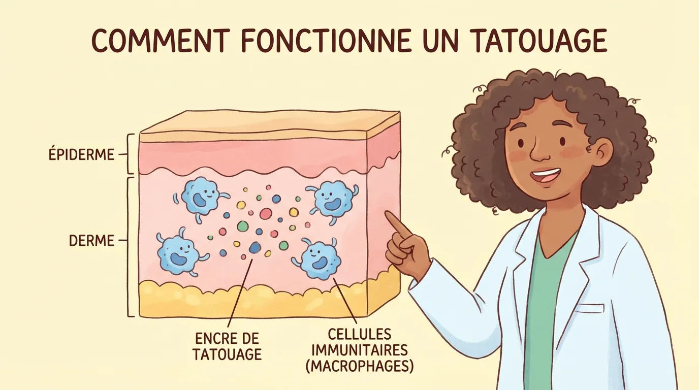 Illustration d'une coupe de peau montrant l'encre de tatouage dans le derme et le processus de cicatrisation