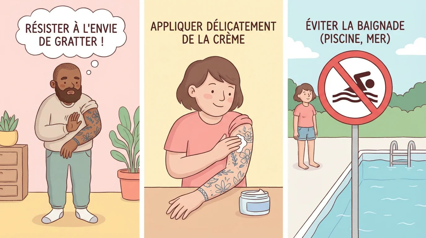 Illustration montrant les bons gestes de soin pour un tatouage qui pèle