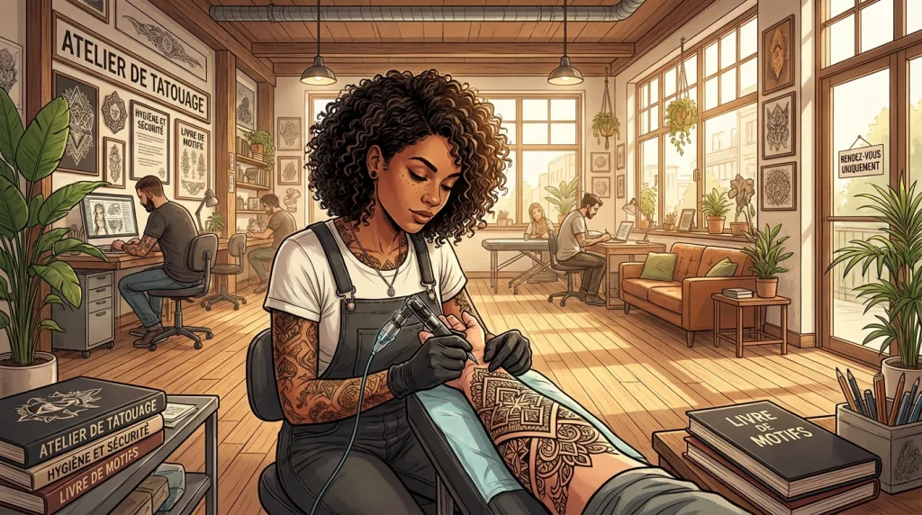 Illustration d'un tatoueur réalisant un tatouage blackwork géométrique dans un studio moderne