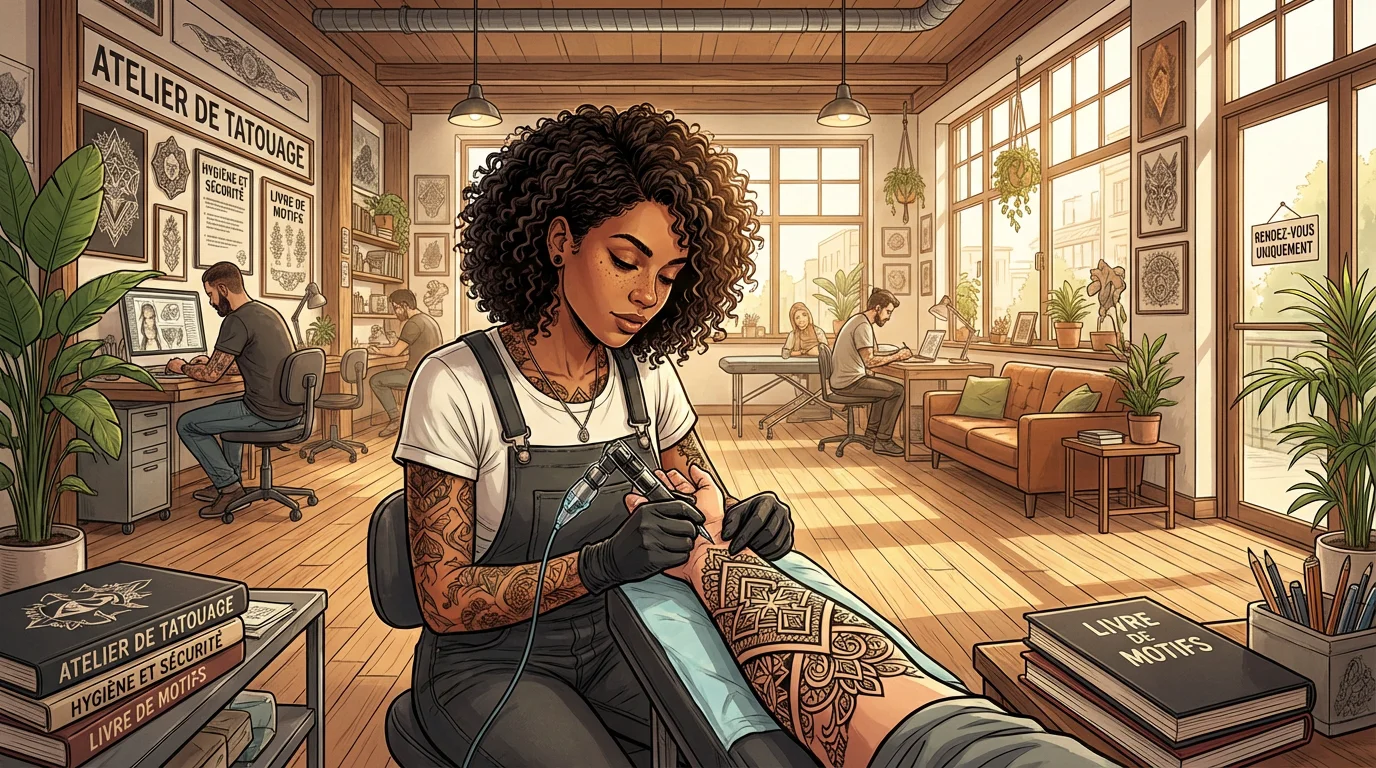 Illustration d'un tatoueur réalisant un tatouage blackwork géométrique dans un studio moderne