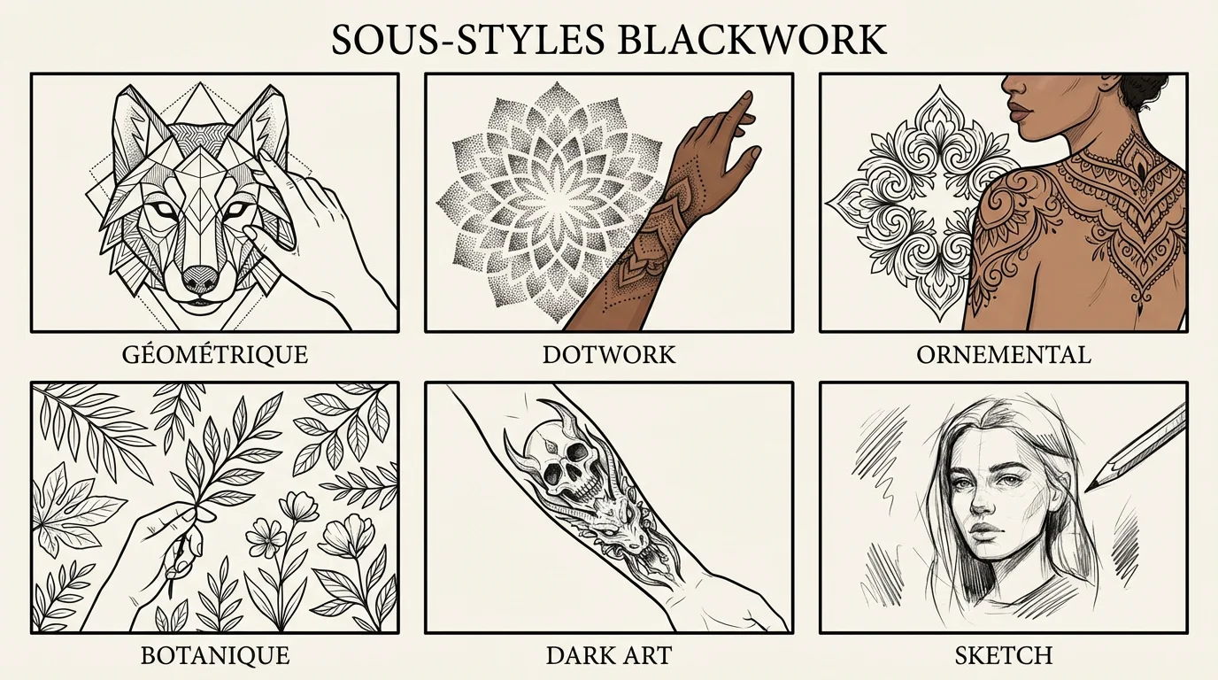 Illustration présentant les principaux sous-styles du tatouage blackwork en grille