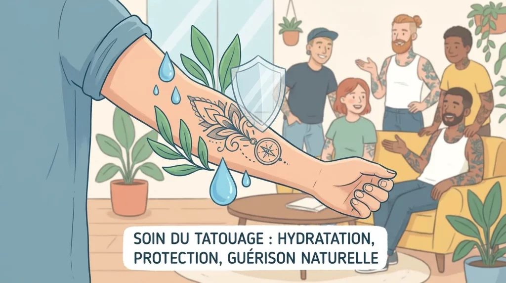 Illustration d'un tatouage fraîchement réalisé avec des symboles de soin et de protection cutanée
