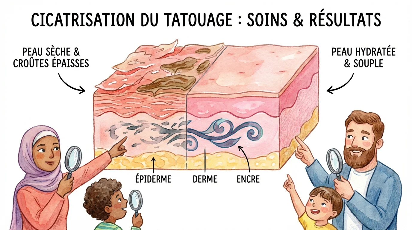 Illustration comparant la cicatrisation sèche et la cicatrisation humide d'un tatouage sur une coupe de peau