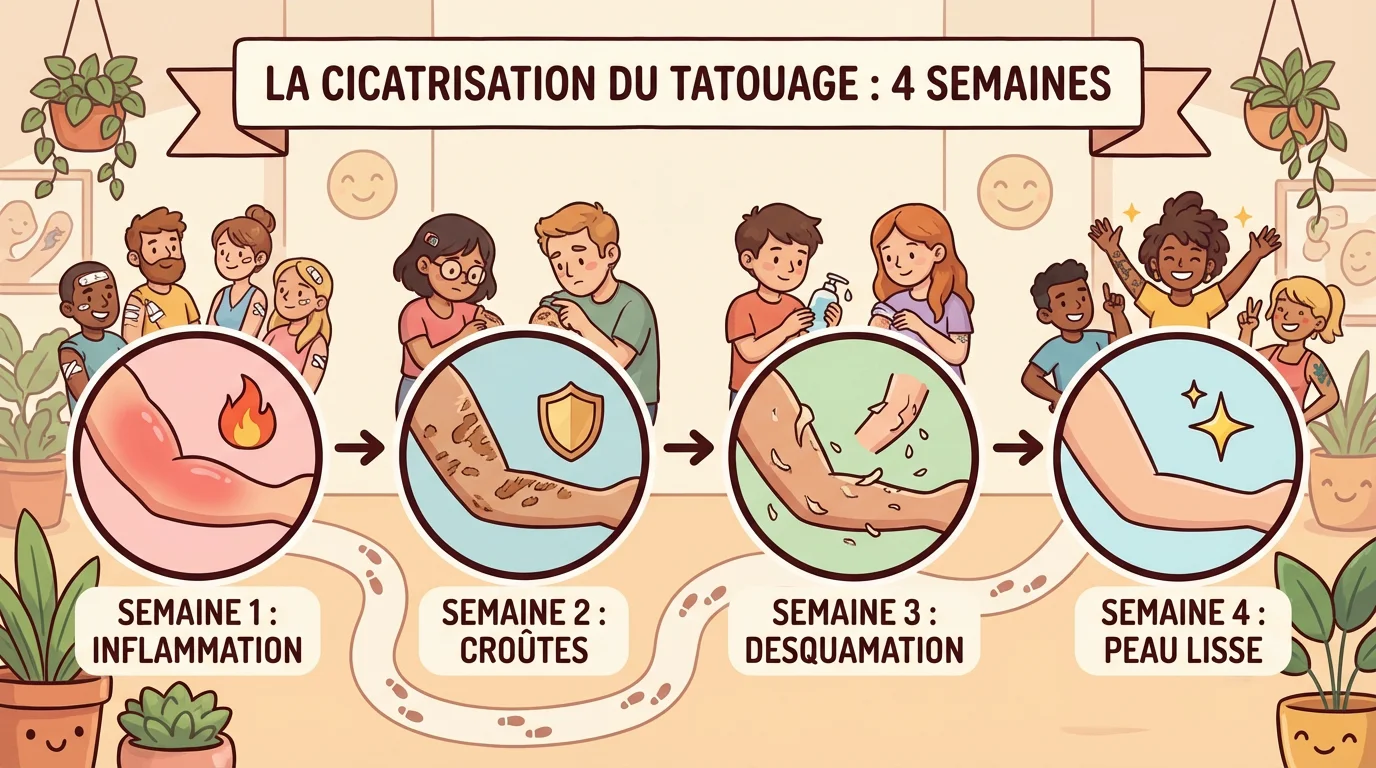Illustration de la chronologie de cicatrisation d'un tatouage en 4 semaines avec les soins adaptés
