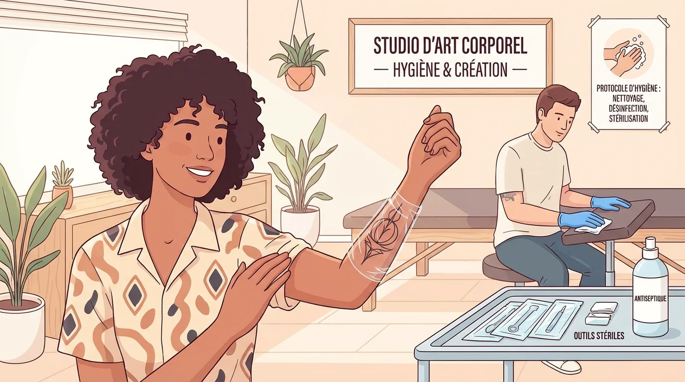 Illustration d'une personne dans un studio de tatouage propre et sécurisé avec du matériel stérile visible