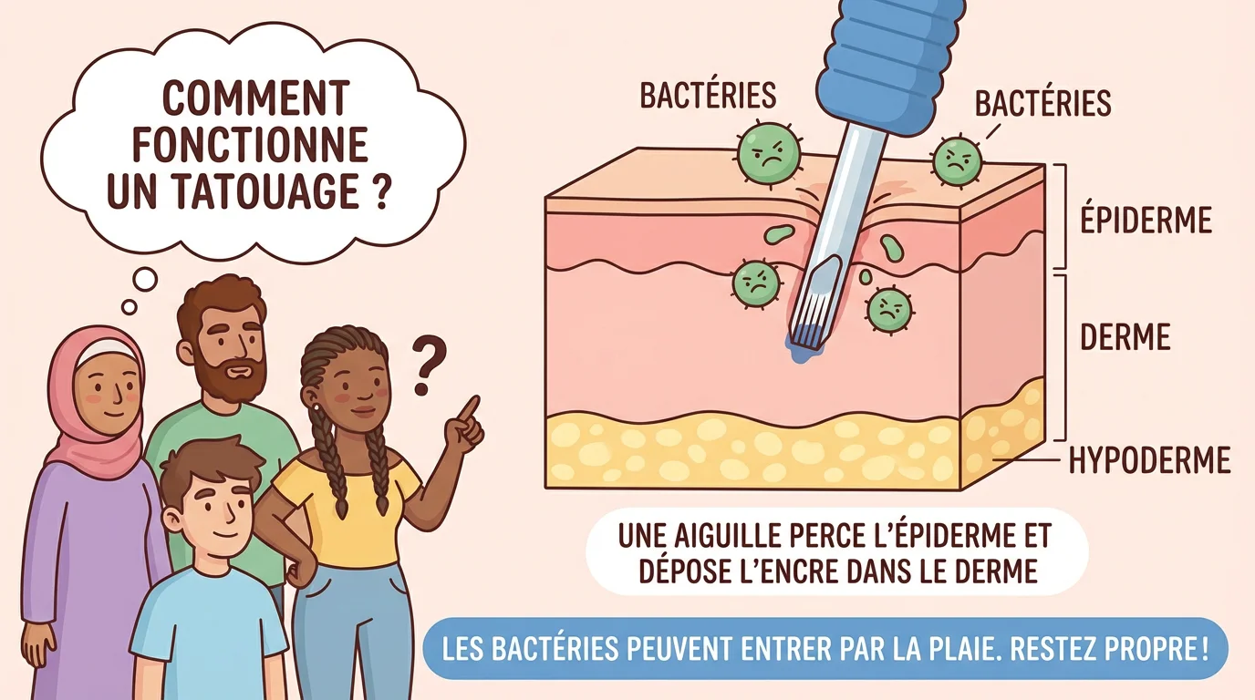 Illustration pédagogique montrant une coupe de la peau percée par une aiguille de tatouage avec un risque d'entrée de bactéries