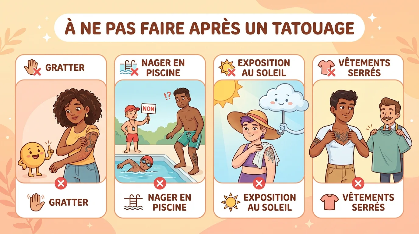 Illustration des gestes à éviter après un tatouage pour prévenir l'infection et favoriser la cicatrisation