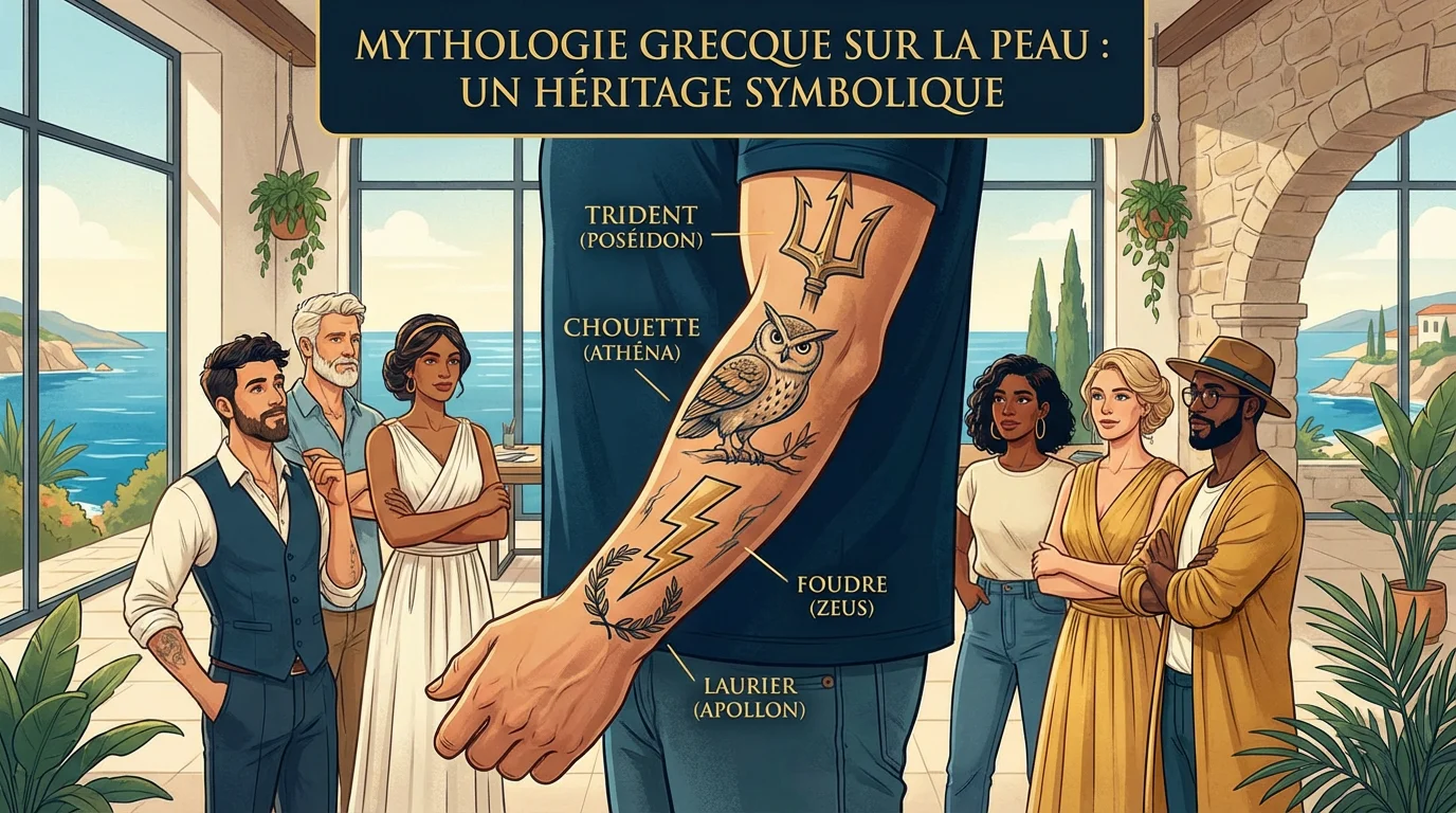 Illustration d'un bras tatoué avec des motifs de mythologie grecque dans un studio moderne