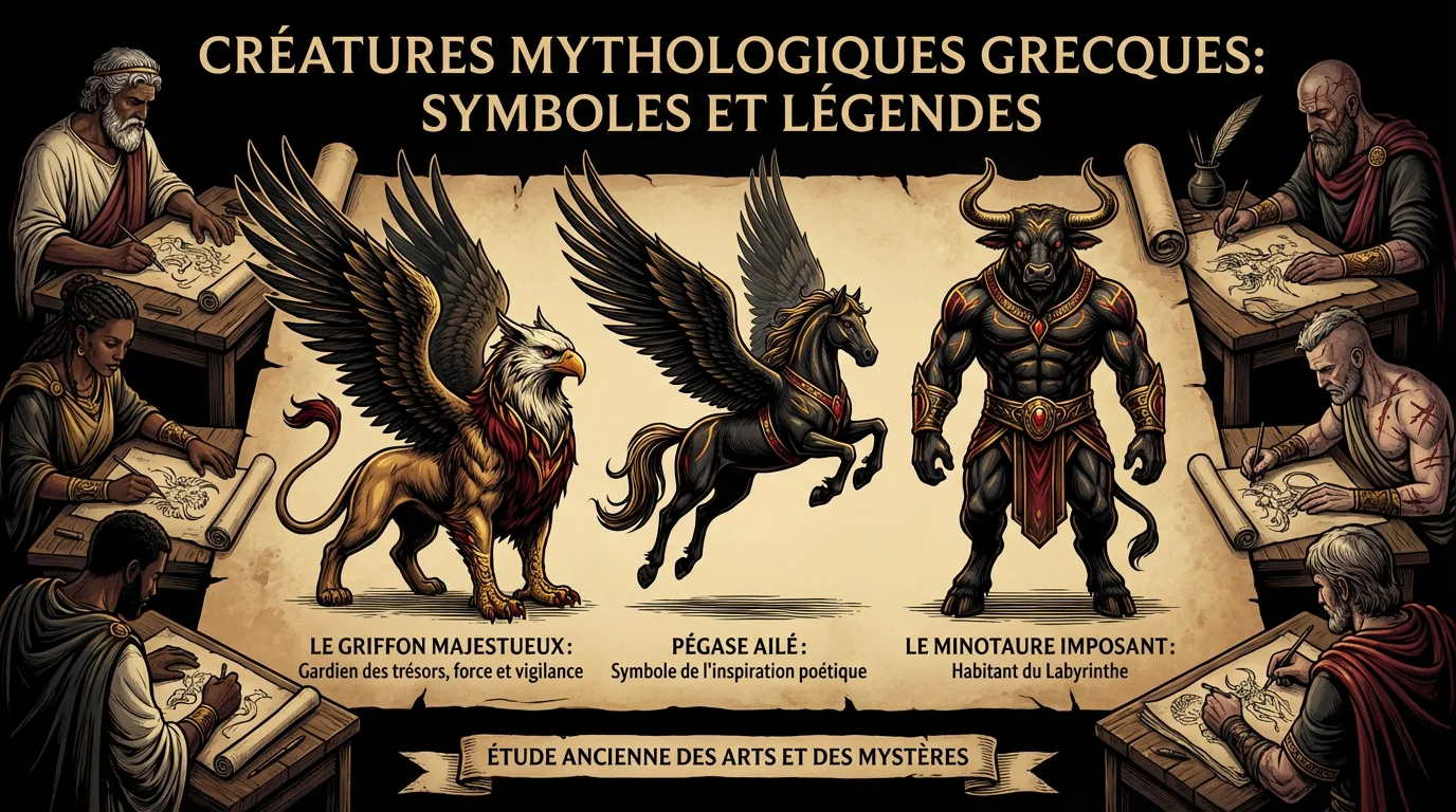 Illustration de créatures mythologiques grecques populaires en tatouage : griffon, Pégase et minotaure