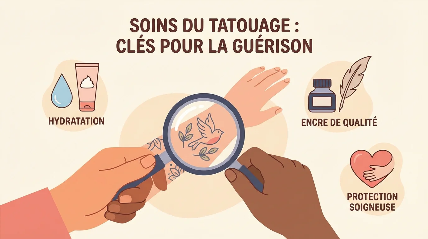 Illustration sur le tatouage sur peau sensible avec des symboles de soin et de précaution