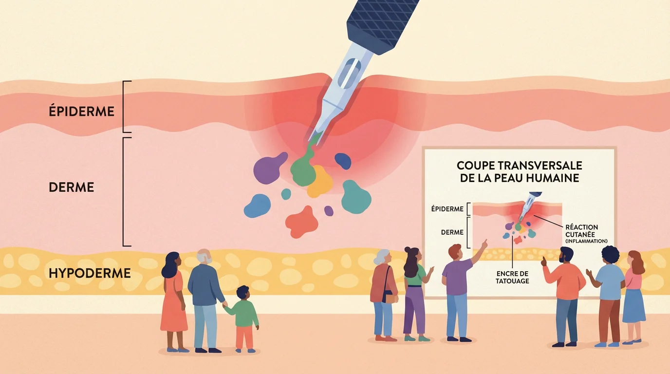 Illustration d'une coupe de peau sensible réagissant à une aiguille de tatouage
