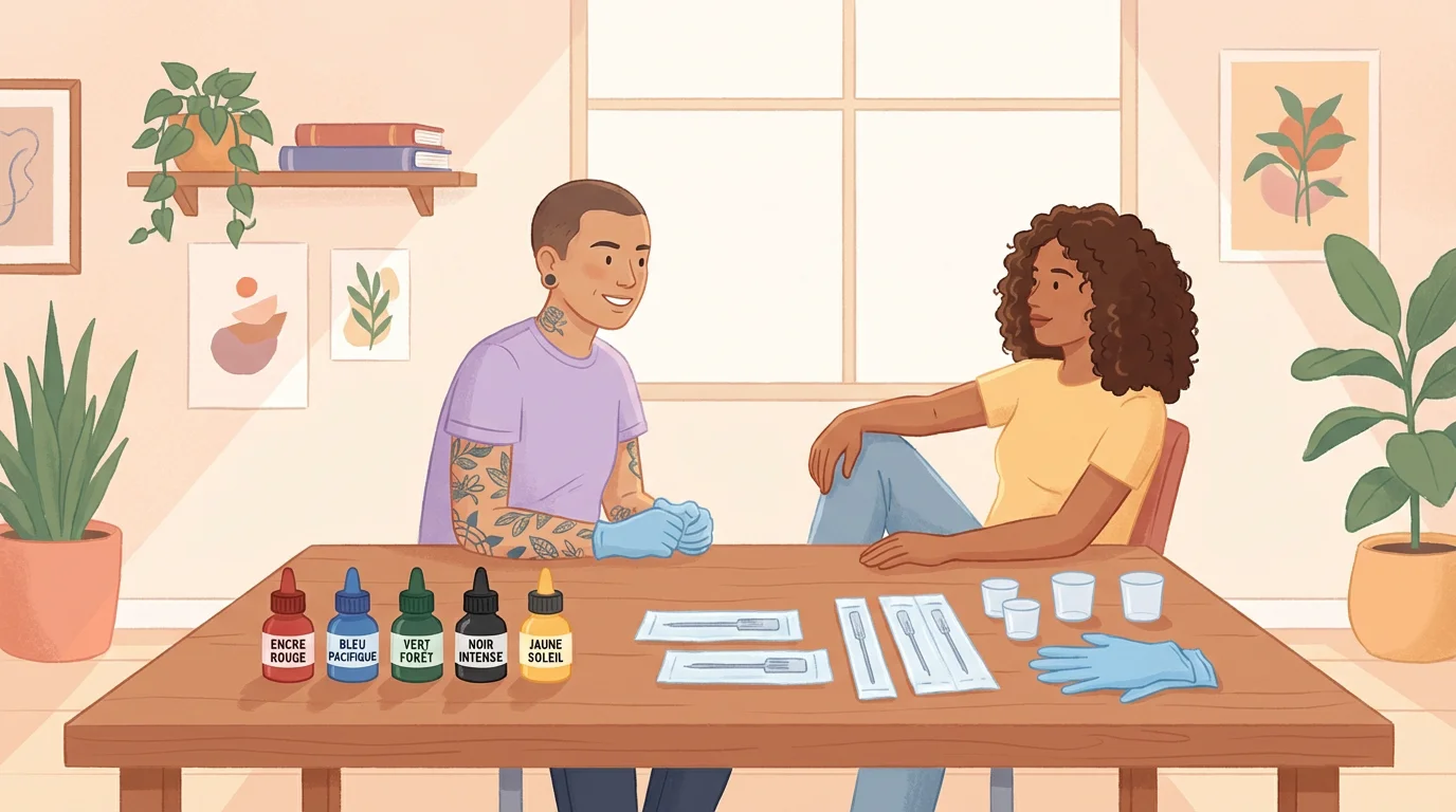 Illustration d'un tatoueur professionnel conseillant un client à la peau sensible dans un studio hygiénique