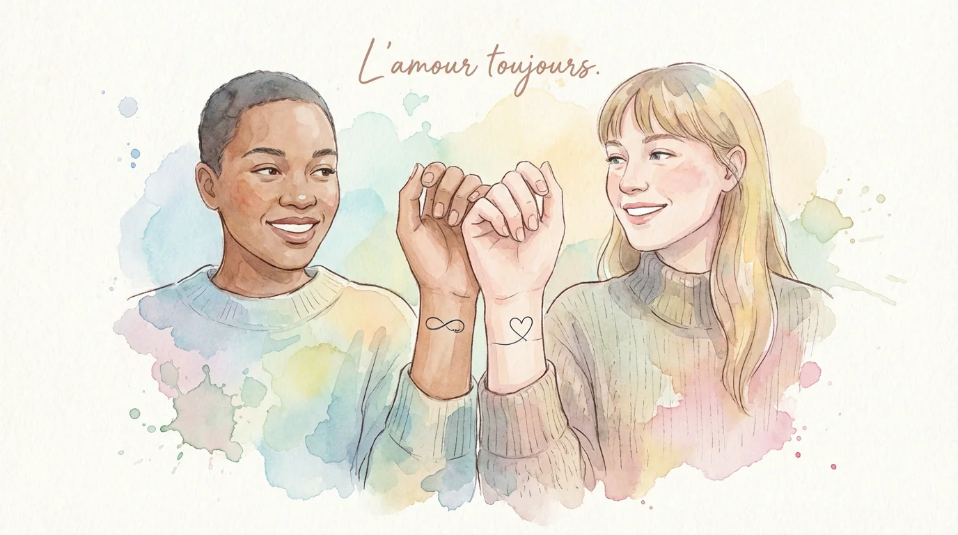 Illustration d'un couple diversifié montrant leurs tatouages d'amour assortis sur les poignets