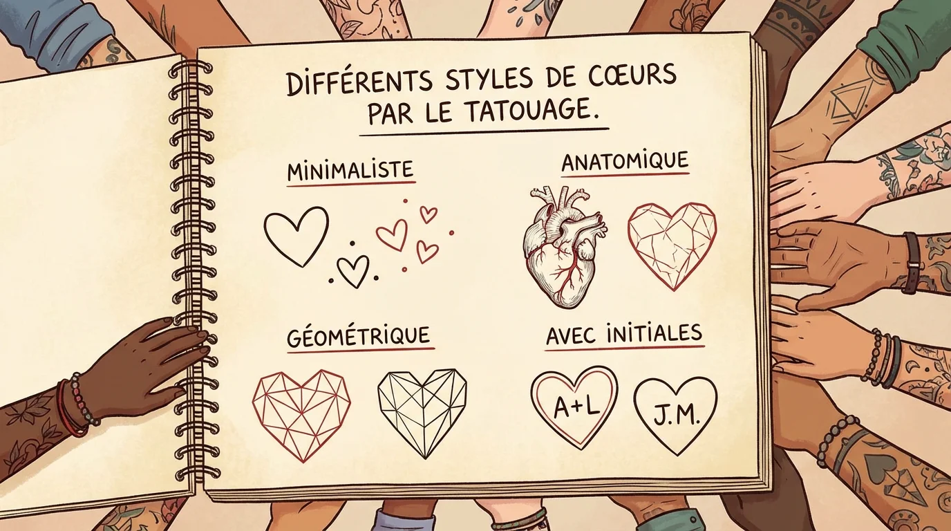 Illustration de différents styles de tatouages cœur symbolisant l'amour