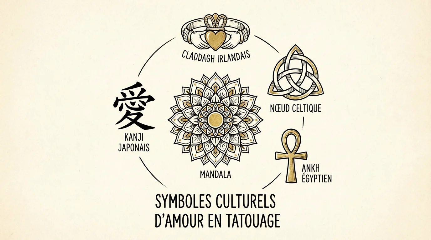 Illustration de symboles culturels d'amour en tatouage : Claddagh, mandala, ankh et kanji
