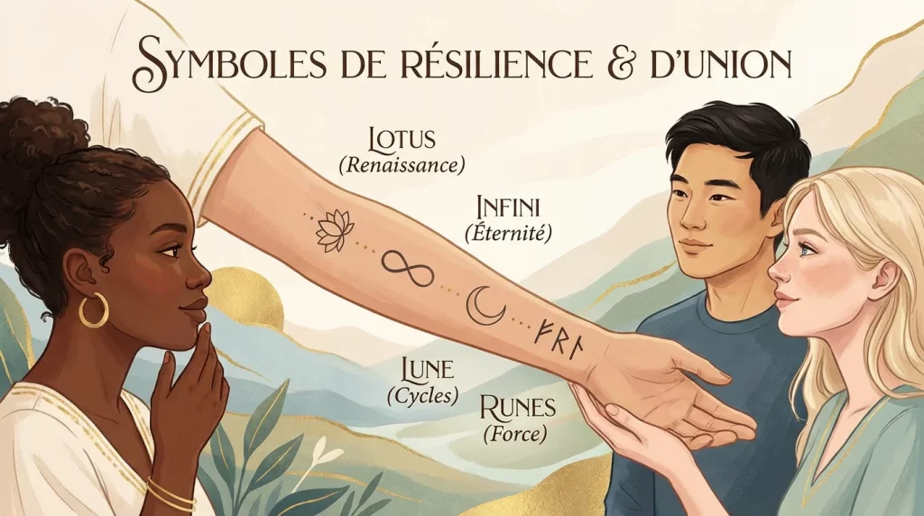 Illustration de bras tatoués avec des symboles variés comme le lotus, l'infini et des runes