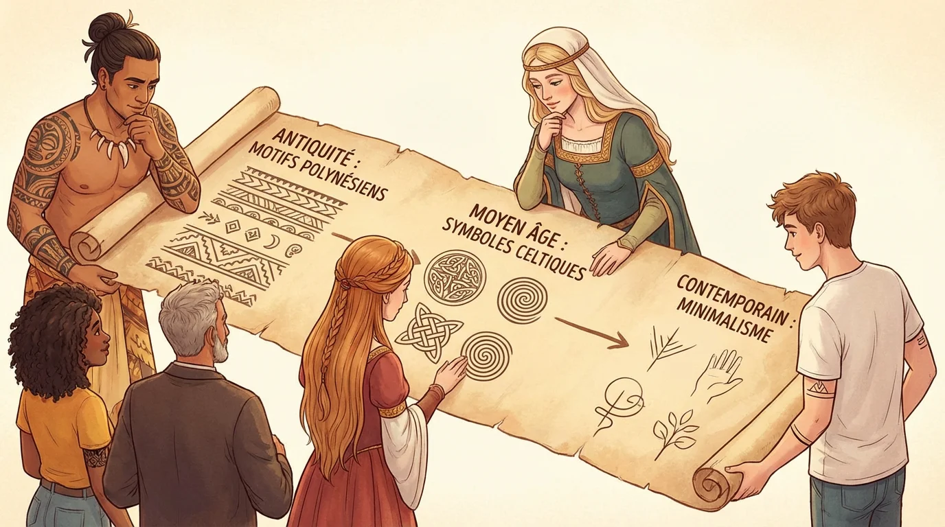 Illustration retraçant l'histoire du tatouage symbolique à travers les époques et les cultures