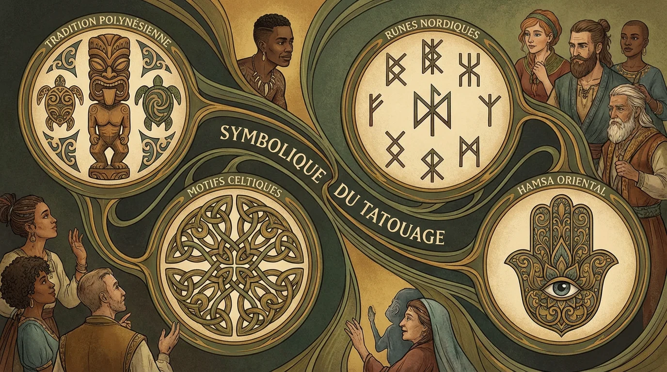 Illustration comparative des traditions de tatouage symbolique polynésien, celtique, nordique et oriental