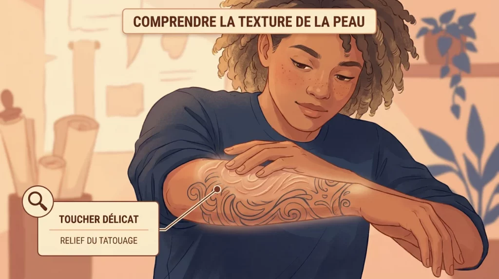 Personne touchant son tatouage en relief sur l'avant-bras