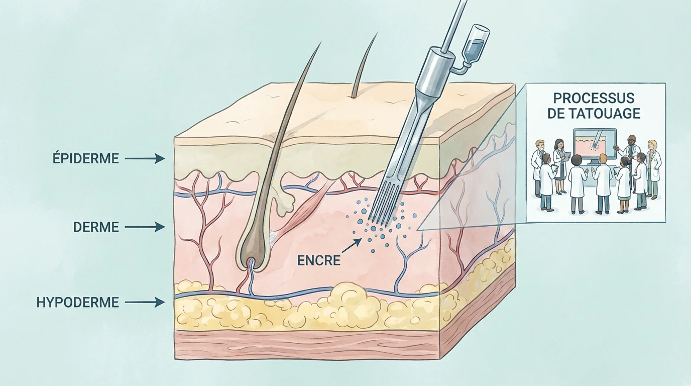 Illustration en coupe de la peau montrant la profondeur idéale de l'encre de tatouage dans le derme