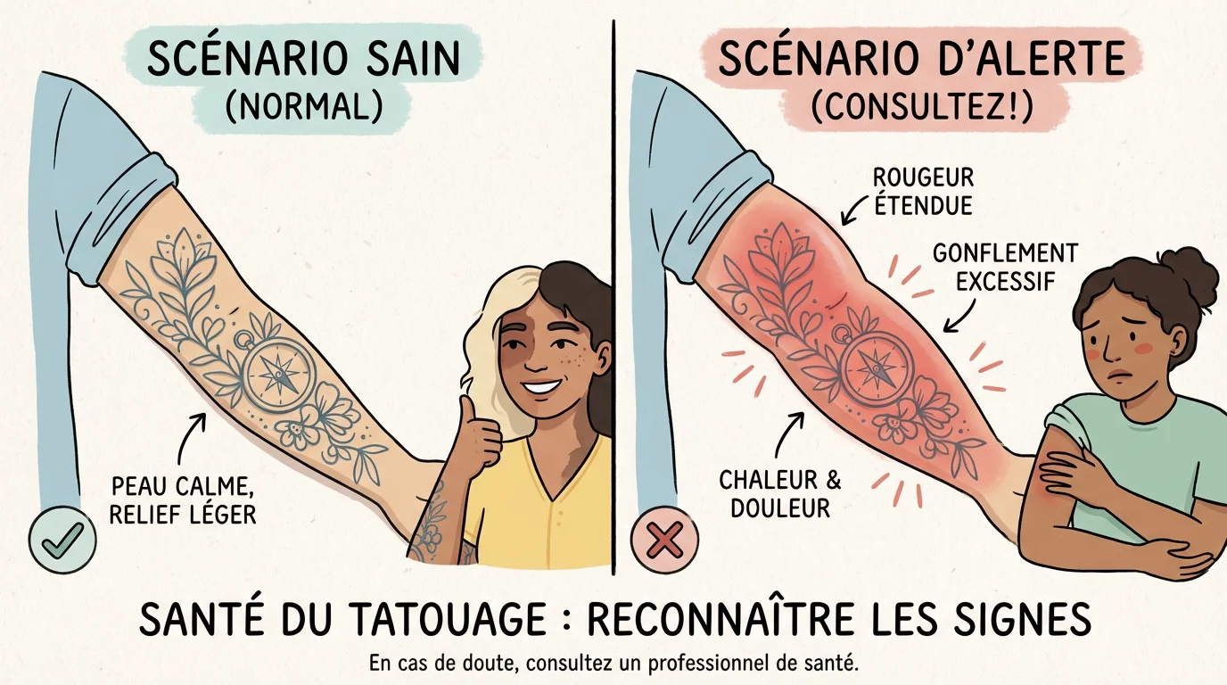 Illustration comparative entre un tatouage en relief normal et un tatouage présentant des signes d'alerte
