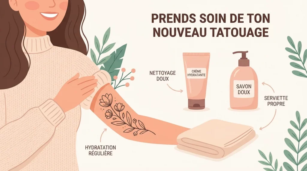 Illustration d'un bras tatoué avec les produits essentiels pour l'entretien du tatouage
