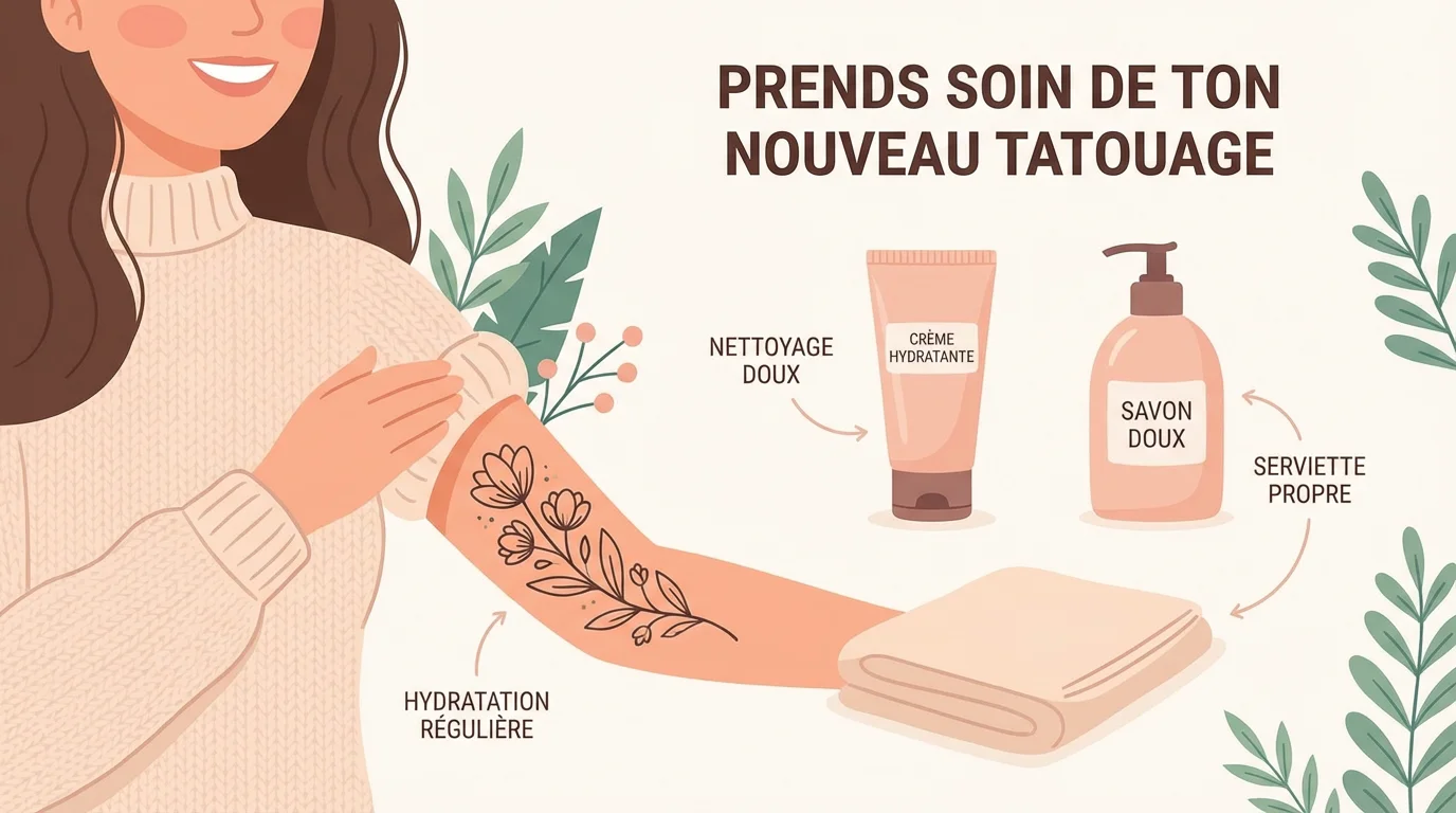 Illustration d'un bras tatoué avec les produits essentiels pour l'entretien du tatouage