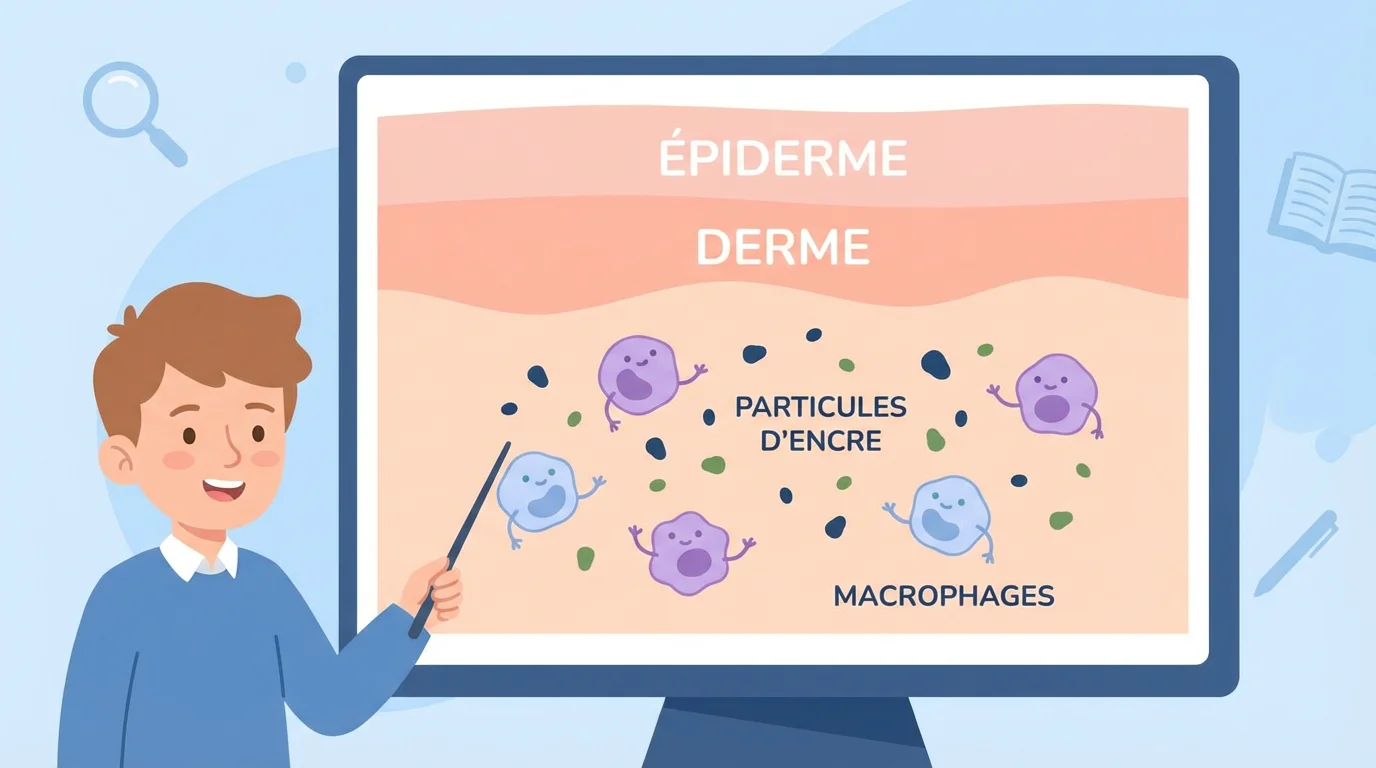 Illustration d'une coupe de peau montrant l'encre de tatouage dans le derme et le processus de cicatrisation