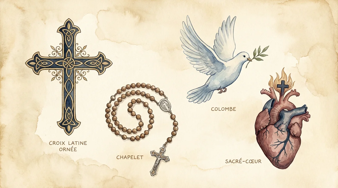 Illustration de symboles chrétiens populaires en tatouage : croix, chapelet, colombe et Sacré-Cœur