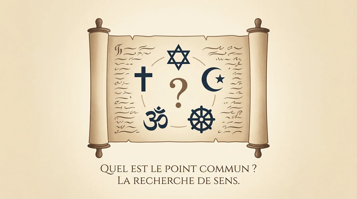 Illustration des symboles de différentes religions disposés en cercle autour d'un point d'interrogation, évoquant le débat entre tatouage et religion