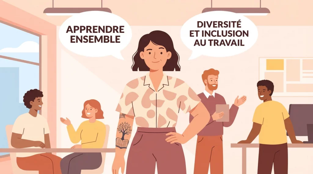 Illustration d'une personne tatouée épanouie dans son environnement de travail