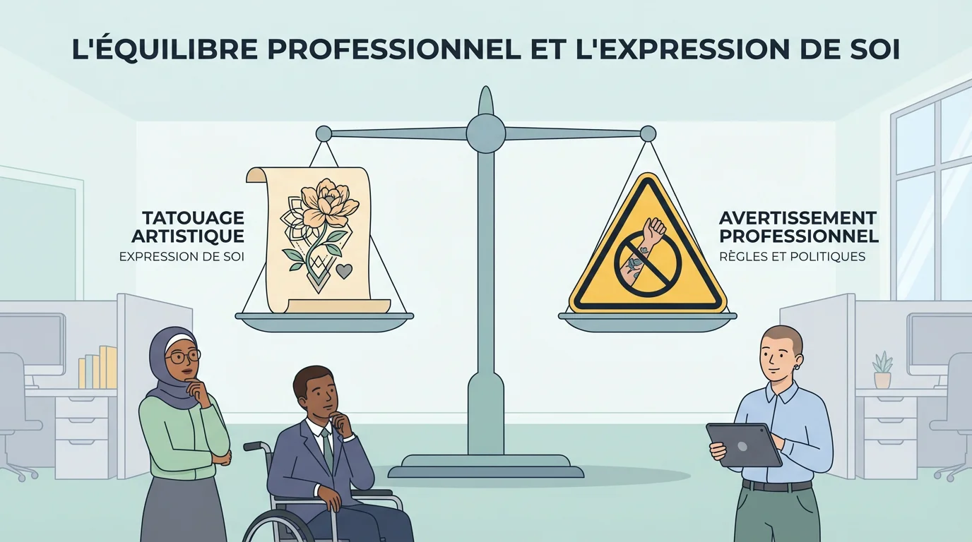 Illustration montrant la limite entre tatouage artistique acceptable et tatouage offensant au travail