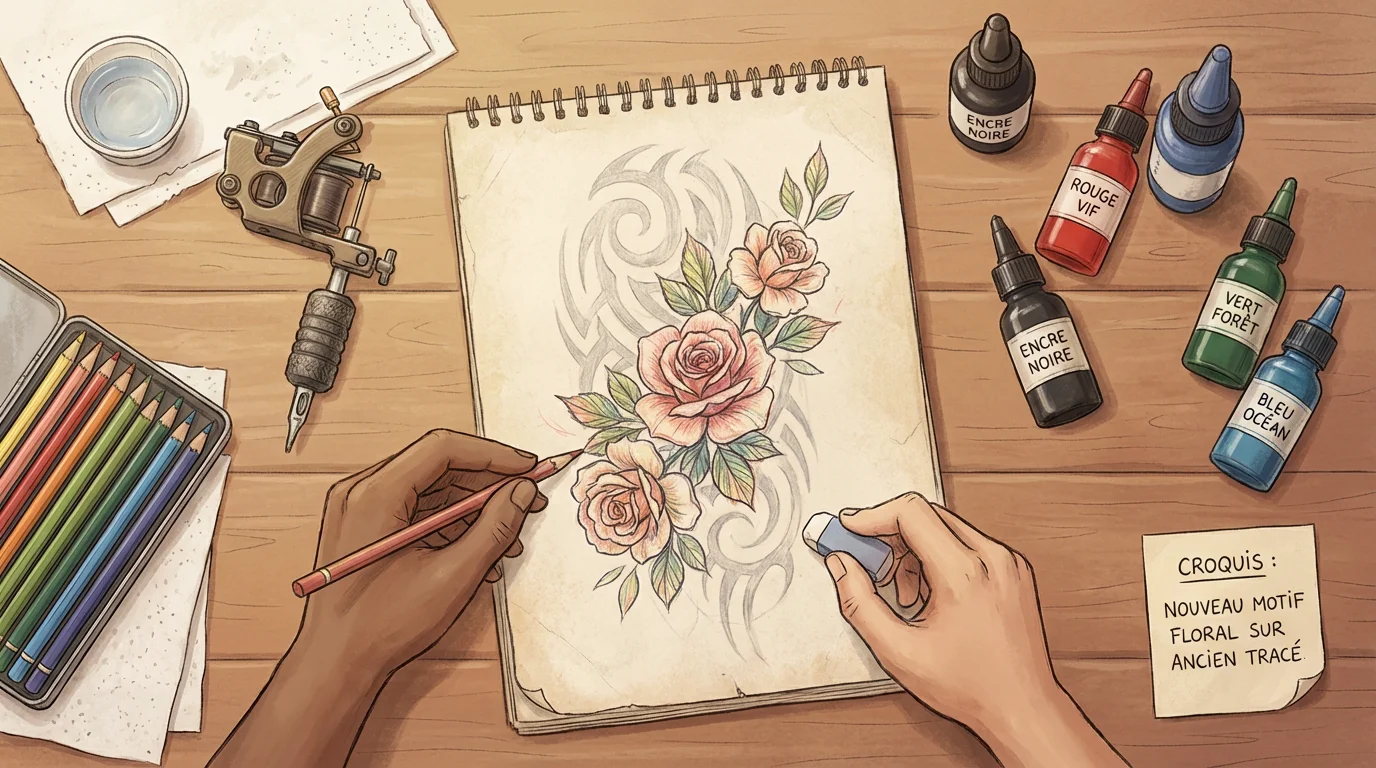 Vue en plongée d'un espace de travail de tatoueur avec un dessin de recouvrement en cours de création